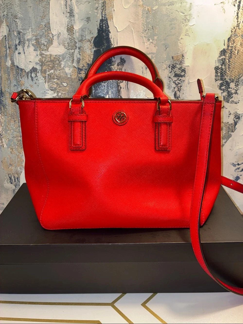 NWOT Tory Burch Bright Red Robinson Leather Satchel with Detachable Strap